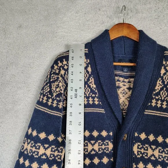 J.Crew Cardigan Sweater Mens Large Navy Beaige Fair Isle Wool Blend Button Front - Picture 8 of 11